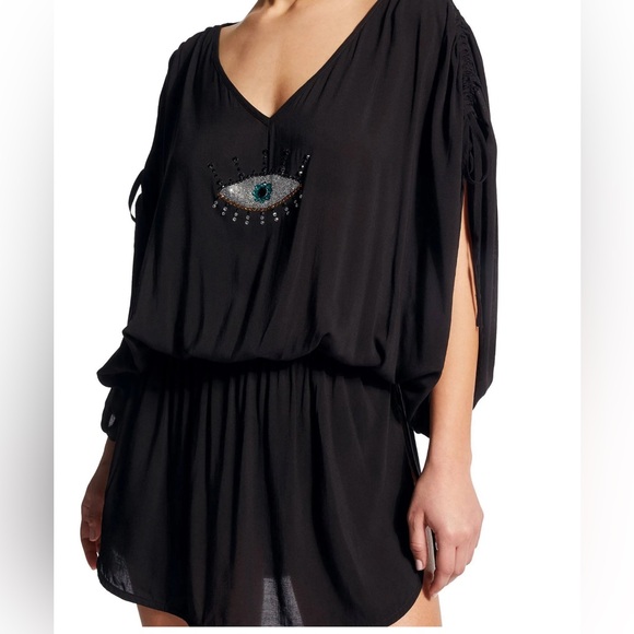 Kurt Geiger London Black Evil Eye Embellished Swim Cover Up Kaftan Size Medium - Picture 11 of 11